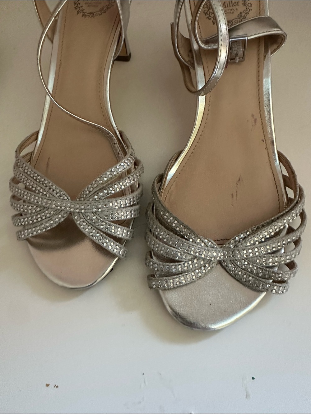 I. MilleSilver Rhinestone Strappy Kitten heels
